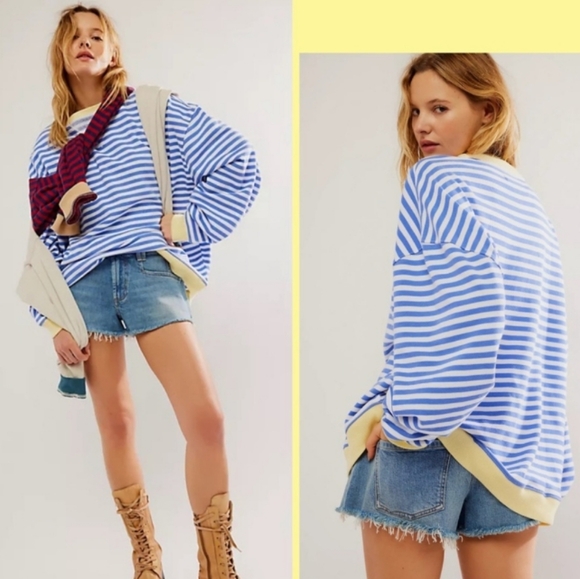 NWOT Free People Classic Striped Oversized Crewneck - Picture 2 of 7